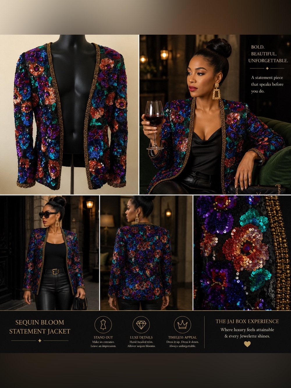 ✨ RARE Vintage Black Tie He-Ro 100% Silk Floral Sequin Beaded Jacket Sz 12 ✨